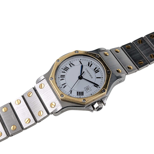 Montre Cartier Santos Round Octagon Date 2966 Large Octogonale Gold Stainless Steel 58 Facettes