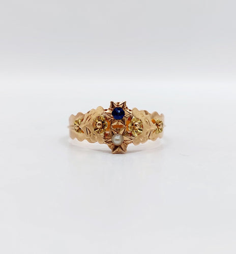 Bague 59 Bague toi et moi antique en or rose 18k perle et pierre bleue 58 Facettes A06505