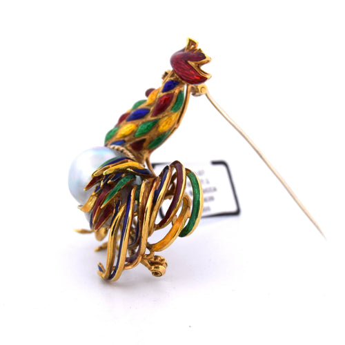 Broche Broche animalière coq en or jaune 18 kt, émaux et perle baroque 58 Facettes