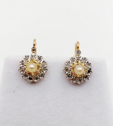 Dormeuses marguerite antique or 18k perle et diamants taille roses (circa 1900)