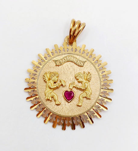 Pendentif Pendentif médaille d'amour or rose, angelots articulés "Il Bat Pour Toi" et rubis synthétique 58 Facettes A05878