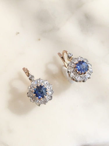 Boucles d'oreilles Boucles d’oreilles dormeuses Belle Époque en or rose, platine, saphirs et diamants 58 Facettes
