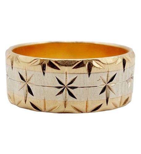 Bague 56 Large bague jonc alliance or rose et gris ciselée de motifs étoilés 58 Facettes A05173