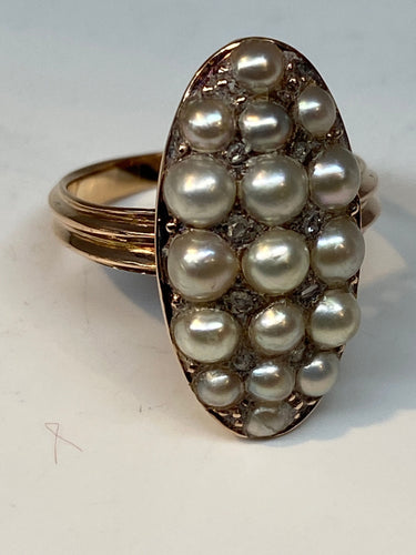 Bague marquise perles fines, diamants