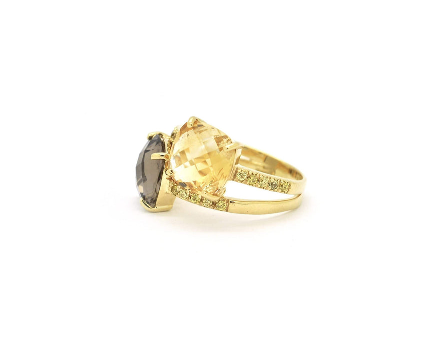 Bague Bague en or jaune avec citrine et quartz fumé 58 Facettes