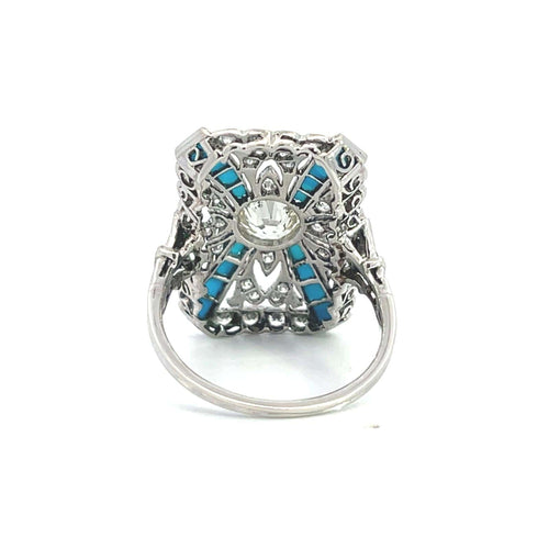 Bague 55 Platinum Art Déco Style Diamond Turquoise Ring 58 Facettes