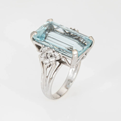 Bague Bague vintage en or blanc 14 carats avec diamants et aigue-marine allongée 11 carats, taille 6 58 Facettes G13670