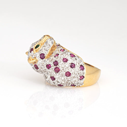 Bague Bague léopard vintage en or jaune 18 carats, taille 7, sertie de diamants, rubis et émeraudes aux yeux d'animaux. 58 Facettes G14000