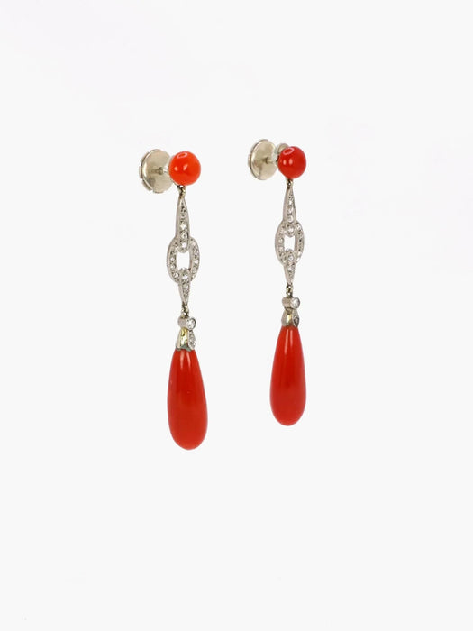 Boucles d'oreilles pendantes Art Deco corail rouge diamants taille rose