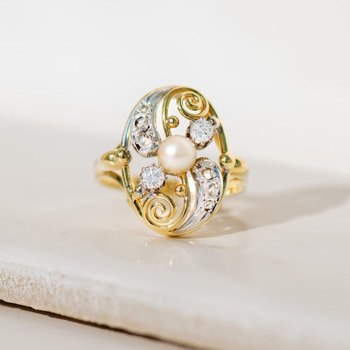 Antiker Jugendstil-Ring mit Perle & Diamanten aus 585er Gelb-/ Weißgold