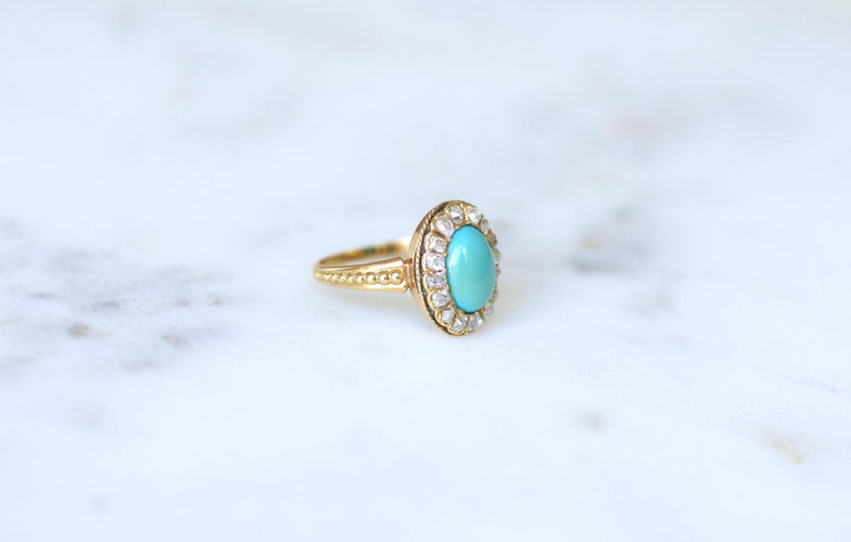 Bague 54 Bague Marguerite ancienne Turquoise et Diamants 58 Facettes