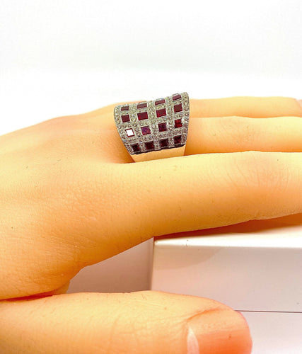 Bague 56 Bague bandeau cocktail Or blanc Rubis Diamants 58 Facettes AB 291