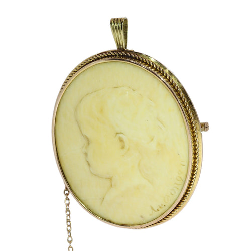 Broche Broche camée portrait en ivoire signée A. v. Dongen en or, vers 1900 58 Facettes 25321-0183