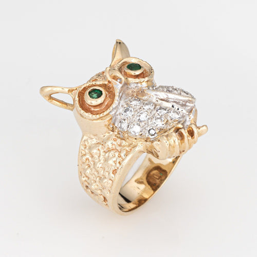 Bague Bague vintage hibou sur branche en or jaune, diamant et émeraude 58 Facettes G13999