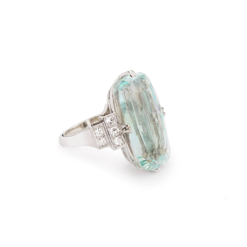 Bague Art Déco Aigue Marine 12 Carats Diamants Platine 58 Facettes B377