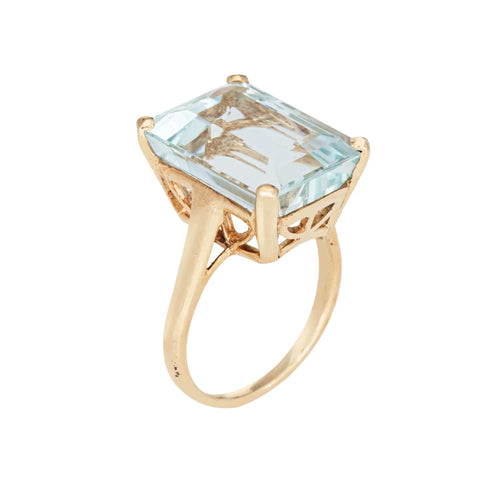 Bague Bague vintage en or jaune 14 carats avec aigue-marine 16 carats, taille 8,5, bijou de succession raffiné 58 Facettes G13594