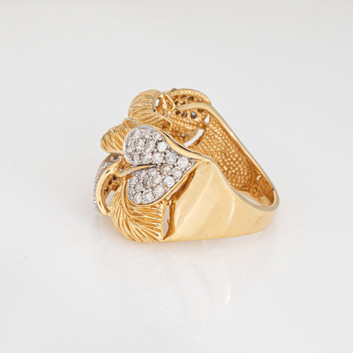 Bague Bague vintage en or jaune 14 carats avec feuilles de diamants, taille 9, large anneau cigare, bijoux fins 58 Facettes G13962