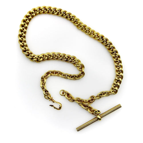 Montre Collier chaîne de montre de poche victorienne en or 14 carats avec barre en T 58 Facettes