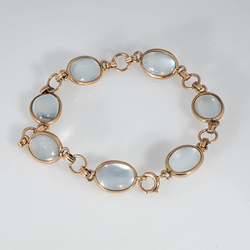Bracelet Bracelet Art déco vintage en pierre de lune, or jaune 14 carats, 18 cm, bijoux fins Estate 58 Facettes G13726