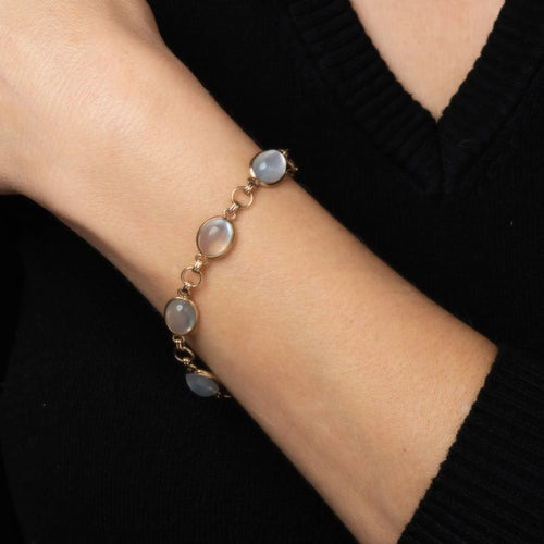 Bracelet Bracelet Art déco vintage en pierre de lune, or jaune 14 carats, 18 cm, bijoux fins Estate 58 Facettes G13726