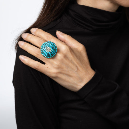 Antique Victorian Ring Turquoise Pearl Dome Yellow Gold Conversion Jewelry 7.25 58 Facettes G14117