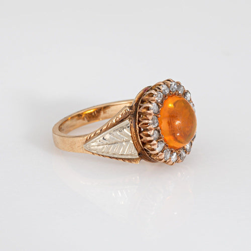 Antique Victorian Fire Opal Ring Rose Cut Diamond Cluster 14k Yellow Gold Halo 58 Facettes G14047