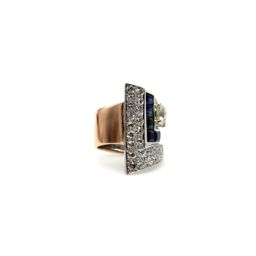 Art Deco Platinum Topped Diamond and Sapphire Ring with 14K Gold Shank