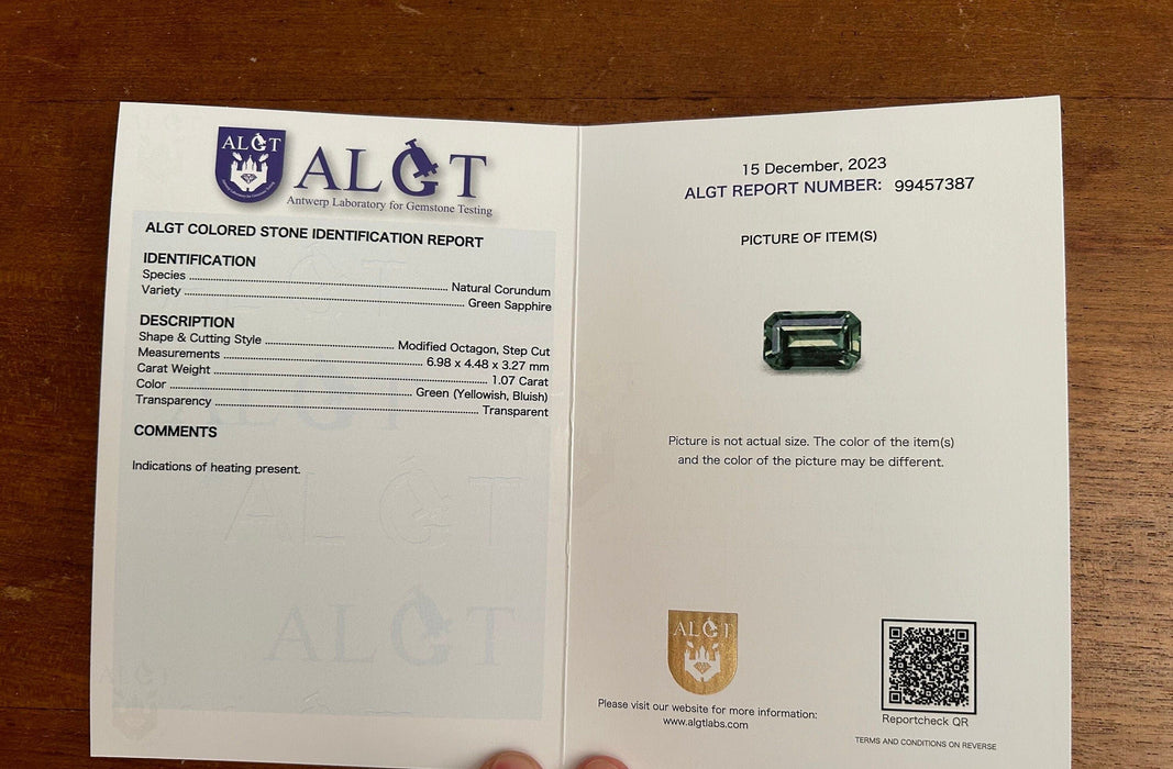 Gemstone Saphir vert 1.07cts chauffé certifié ALGT 58 Facettes 453