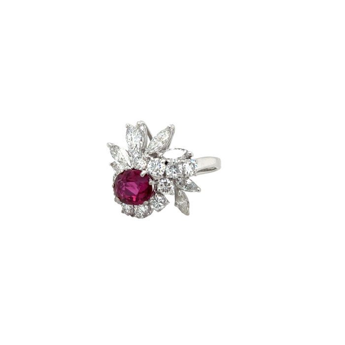 Bague Cocktail années 70 or blanc rubis diamants