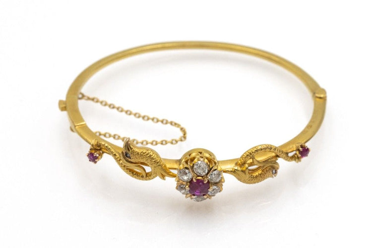 Bracelet Bracelet ancien motif phénix en or jaune 14k avec rubis et diamants 58 Facettes 11397