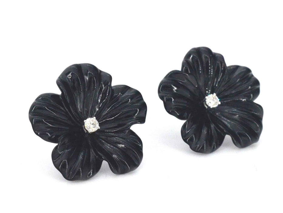 Boucles d'oreilles en or blanc 0,18 carat avec fleur précieuse noire et gros diamants