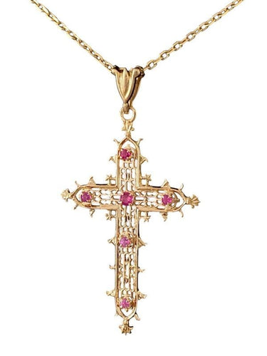 Pendentif croix filigrané en or jaune 18k et rubis