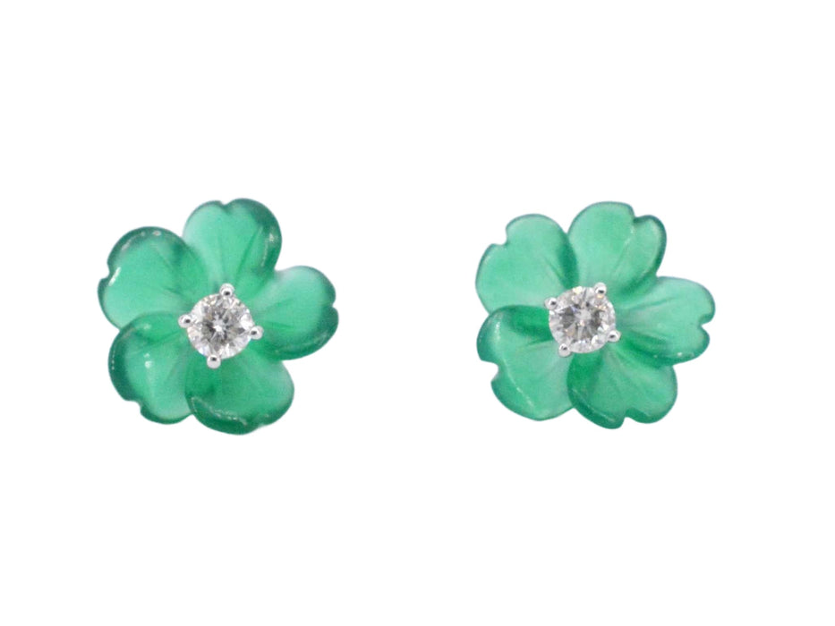 Boucles d'oreilles en or blanc 0,18 carat avec fleur précieuse verte et gros diamants