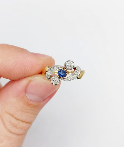 Bague 56 Bague antique diamants taille ancienne et saphir en or 18k et platine 58 Facettes A06535