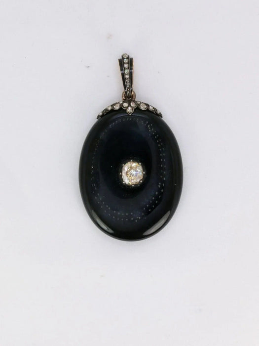 Pendentif ancien porte-souvenir or argent onyx diamants