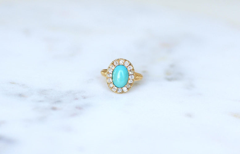 Bague 54 Bague Marguerite ancienne Turquoise et Diamants 58 Facettes