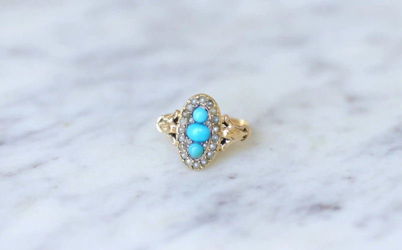 Bague marquise turquoises et perles