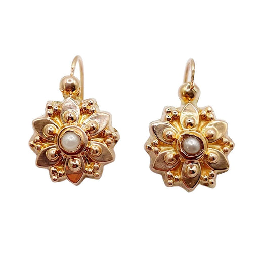 Boucles d'oreilles Dormeuses antique or rose 18k et perle (circa 1900) 58 Facettes A05899