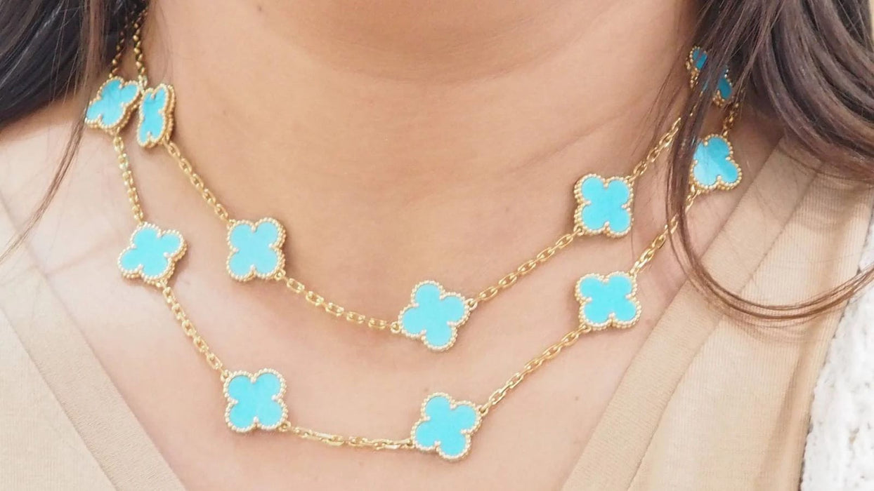 Collier VAN CLEEF & ARPELS - Sautoir Vintage Alhambra or jaune et turquoise 58 Facettes 32698