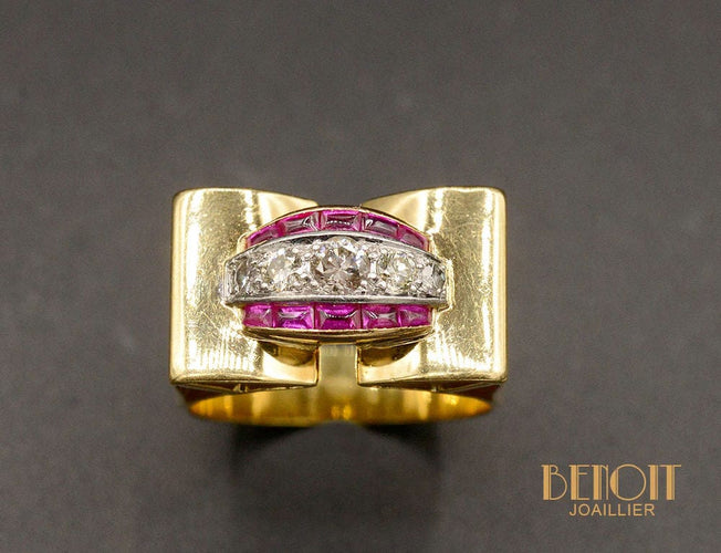 Bague 53 Bague Tank Or Jaune Diamants Rubis Verneuil 58 Facettes A10848