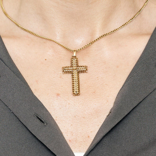 Collier Chaine maille gourmette or jaune et pendentif croix en or rose et perles 58 Facettes ROM1063