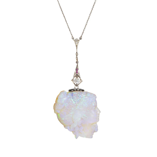 Collier Collier antique édouardien en opale sculptée avec camée et diamants en platine, ras du cou de 15 pouces 58 Facettes G13707