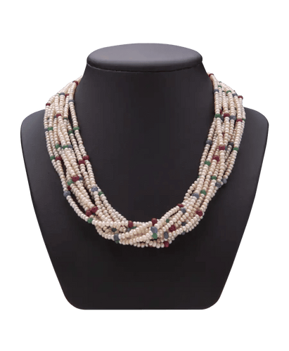 Collier Or jaune 18K Émeraude Rubis Saphir Perles