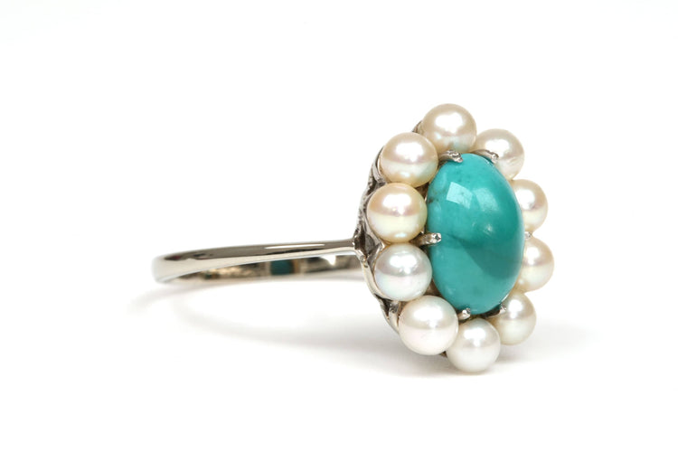 Bague 58 Bague Art Déco or blanc, turquoise et perles 58 Facettes 21751