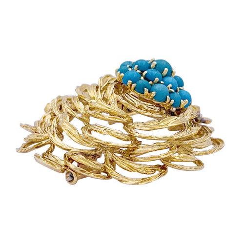 Broche Clip vintage Cartier, or jaune et turquoises. 58 Facettes 33462