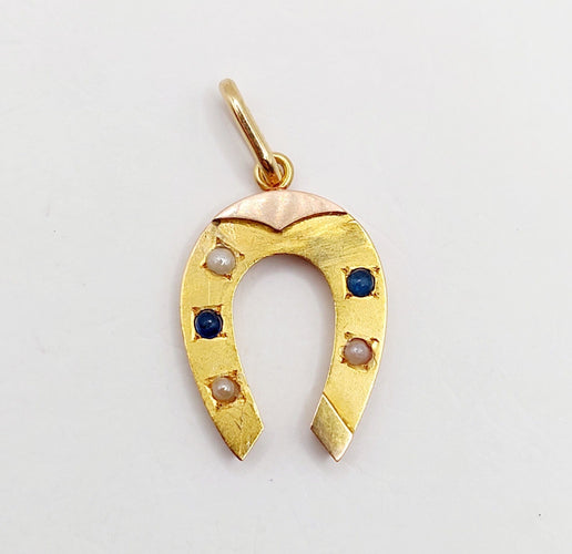 Pendentif fer à cheval antique en or 18k pierres bleues et perles