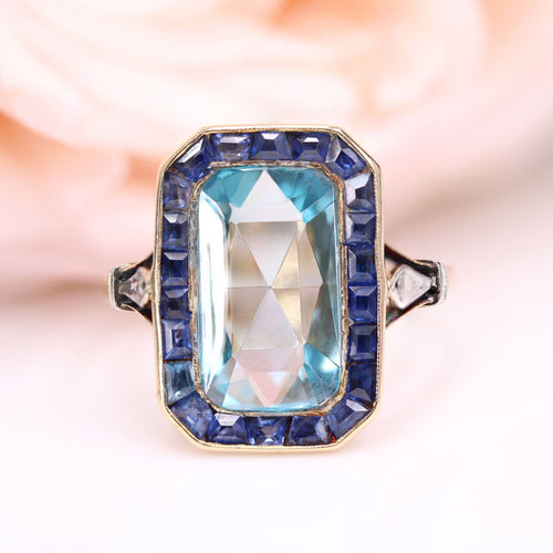 Bague 52 Bague ancienne zircon bleu taillé en rose et saphirs calibrés 58 Facettes 24-190