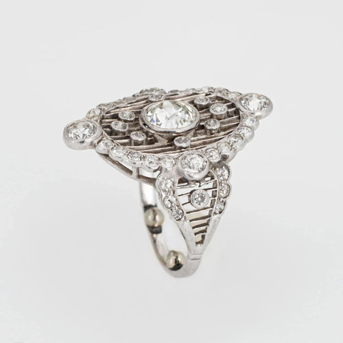 Bague Bague de cocktail en diamant édouardienne antique en platine taille 6 ovale bijoux fins 58 Facettes G13478