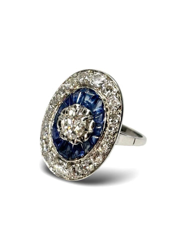 Bague ancienne or blanc saphirs et diamants 1,6 ct