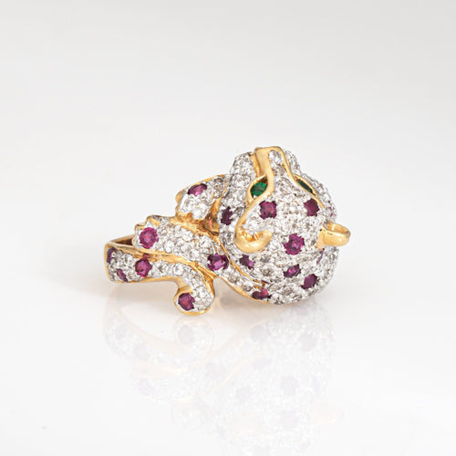 Bague Bague léopard vintage en or jaune 18 carats, taille 7, sertie de diamants, rubis et émeraudes aux yeux d'animaux. 58 Facettes G14000